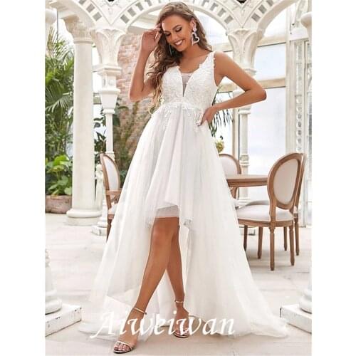 A-Line Wedding Dresses V Neck Sweep / Brush Train Chiffon Lace Tulle Sleeveless Romantic Casual with Lace Ruched Draping 2021