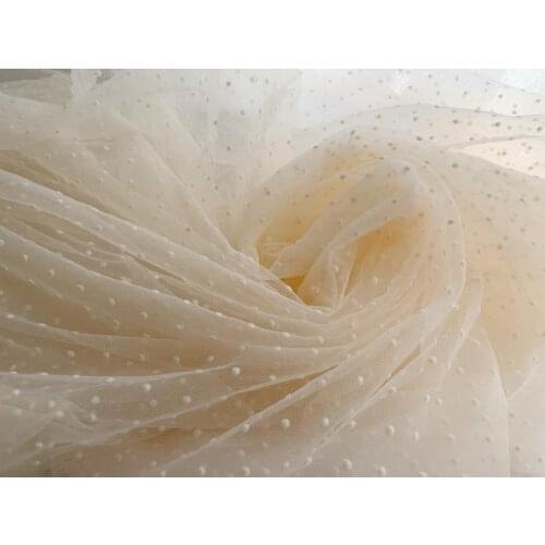 Ivory Lace fabric with polka dots, ligth cream Embroidered tulle lace fabric with cotton dots, ws1041