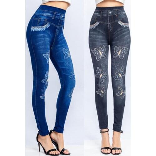 Women Leggings Jeans Fake Jeans Butterfly Print Stretchy Women Fashion High Waist Ankle Length Butt Lift Trousers for Dating
