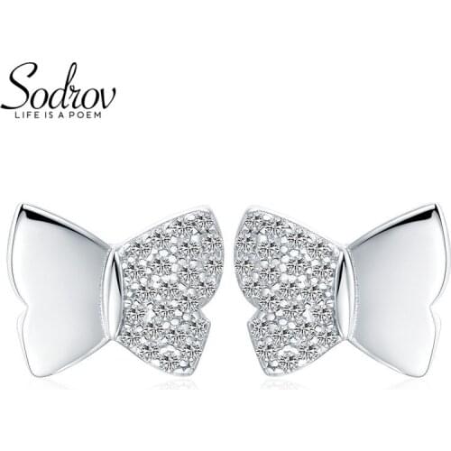 SODROV Romantic 925 Sterling Silver Jewelry Natural Butterfly Party Stud Earrings joyas de plata 925 for Women Bijoux I091