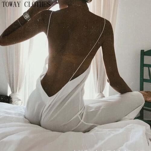 Women Summer Sleeveless Spaghetti Strap Sexy Open Back White Jumpsuit Solid Color Backless Casual Rompers