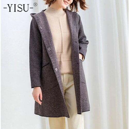 YISU Women Sweater Cardigan Hooded collar Single breasted Knitted Cardigan Casual Sweater Cardigan Solid color Long Windbreaker