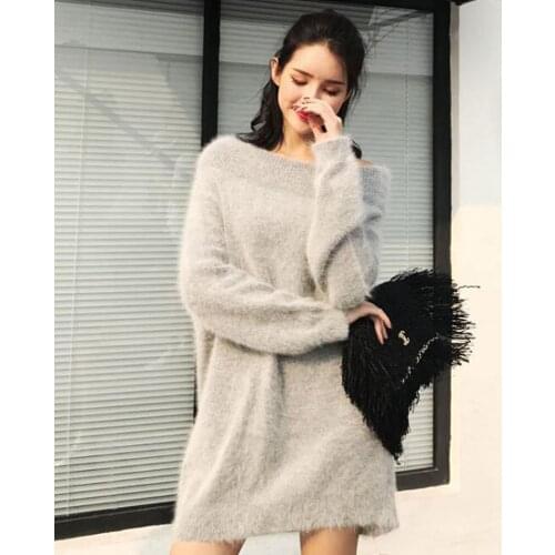 2021 New Autumn Winter One Shoulder Gentle Wind-like Mink Cashmere Sweater Womens Long Loose Rabbit Fur Knitted Dress wsr775