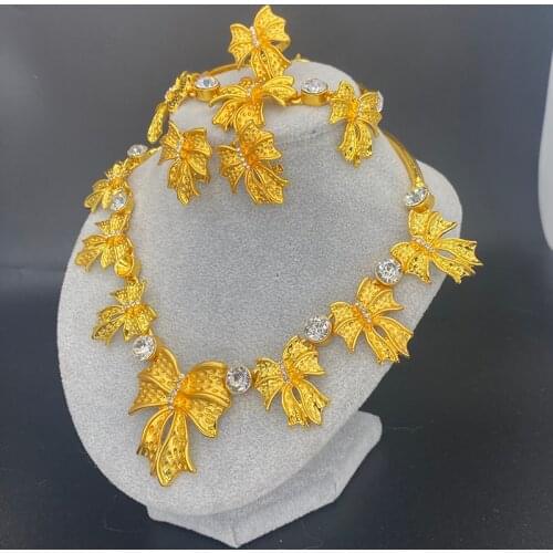 24k Ethiopian Bowknot Dubai Jewelry Sets for Women Necklace Bracelet Earrings Ring Gold Color Collar African Wedding Gifts