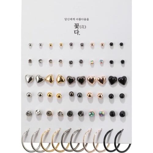 30Pairs/Set Fashion Bohemian Earrings Set For Women Trendy Mix Color Heart Crystal Metal Stud Earring 2021 Trend Female Jewelry