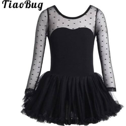 TiaoBug Children Girls Ballet Tutu Leotard Dress Cotton Polka Dots Mesh Long Sleeve Gymnastics Leotard Kids Stage Dance Costume