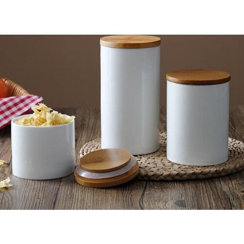 White Ceramic Storage Jars Bamboo Lid Sealed Cans Tea Grains Nuts Spice Container Classified Jars Kitchen Sealing Organizer