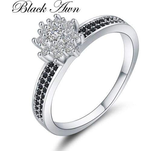 [BLACK AWN] Genuine 3.4 Gram 925 Sterling Silver Jewelry Black&White Stone Engagement Rings for Women C309