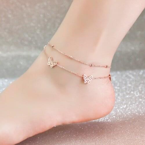 18KGP Rose Gold Color Titanium Steel Butterfly 2-Layer Anklet Women Fashion 316L Stainless Charm Jewelry (GA107)