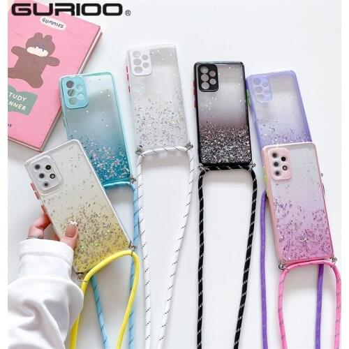 Translucent Glitter Bling Lanyard Case For Samsung S21 S20 FE Plus Note 20 Ultra A11 A20 A21S A31 A51 A71 A12 A32 A52 A72 Cover