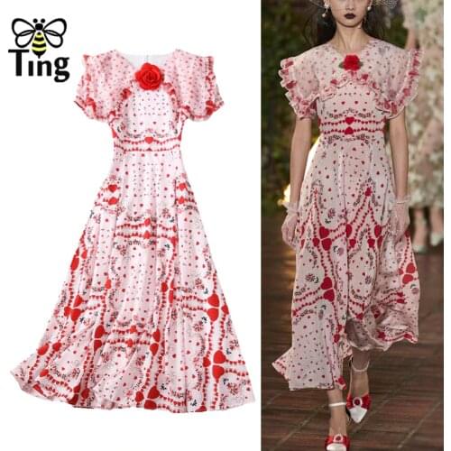 Tingfly Runway Designer 3D Flower Decor Heart Printing Pink Midi Long Party Dinner Dresses Vintage Peter Pan Collar Summer Robes