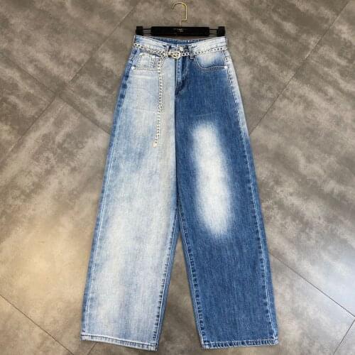 ZCSMLL Autumn chain belt decoration mandarin contrast color korean national trend street denim wide-leg pants 2021 New tide