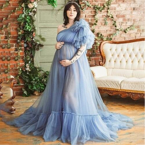 Elegant Blue Maternity Dresses For Babyshower One Shoulder Soft Tulle Maternity Gown Photography Pregnancy Women Long Dress