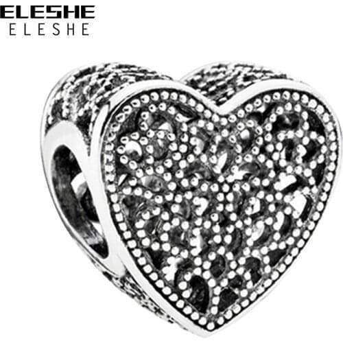 ELESHE 5PCS Wholesale S925 Sliver European Vintage Heart Bead Fit Original Bracelet & Necklace DIY Fashion Jewelry For Women
