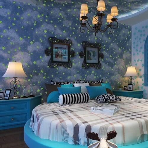 Fluorescent blue sky cloud 3d wallpaper roll for walls luminous kids room 3d ceiling baby room wall paper