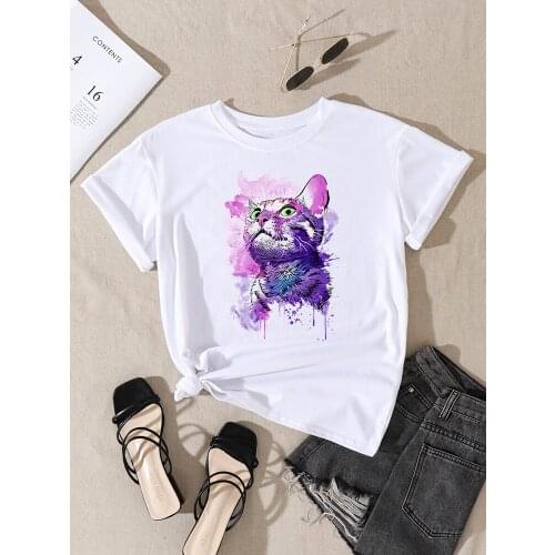 Cartoon Cat Crawling Print T Shirt Women Casual Loose Tshirt Oversize Summer Brand Tshirt Cartoon O-Neck Casual Womens Clothing