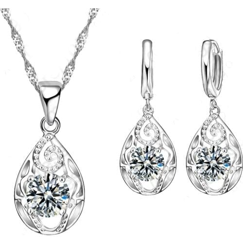 Hot Sale Exquisite Shiny Water Drop Design Cubic Zirconia Pendent 925 Sterling Silver Vintage Jewelry Sets For Woman Girls