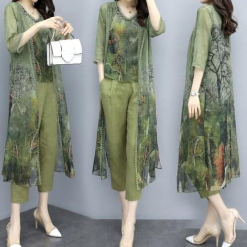 Summer Green Chiffon Printed 3 Piece Sets Women Plus Size Vest+cardigan+cropped Pants Suits Elegant Womens Sets Femme DG139