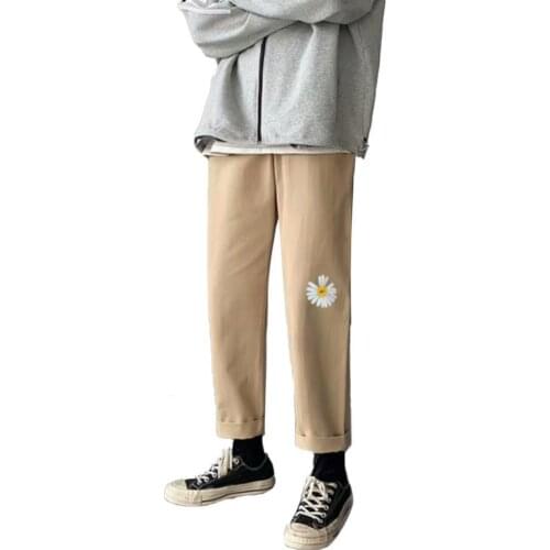 Men Pants Fashion Men Marguerite Breathable Straight Long Pants Drawstring Ninth Trousers Plus Size For Male 2021