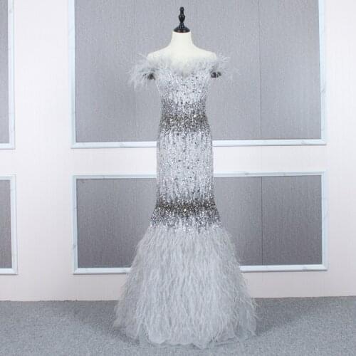 Real Picture Luxury Evening Dress Sweetheart Sleeveless Silver Grey Champagne Feather Sequins Prom Gown Pageant Wear