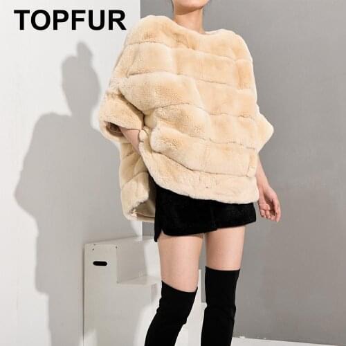 TOPFUR New Beige Coat Women Rex Rabbit Fur Pullover Jacket Natural Rex Rabbit Fur Coats Short Bat Type Leather Jacket Women