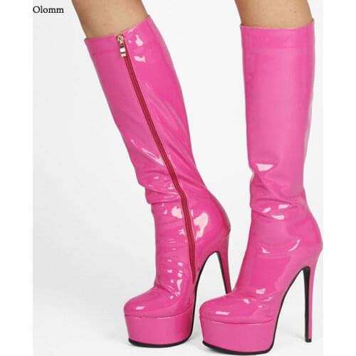Olomm New Fashion Women Winter Knee Boots Patent Stiletto Heel Round Toe Black White Fuchsia Red Club Shoes Women US Size 5-13