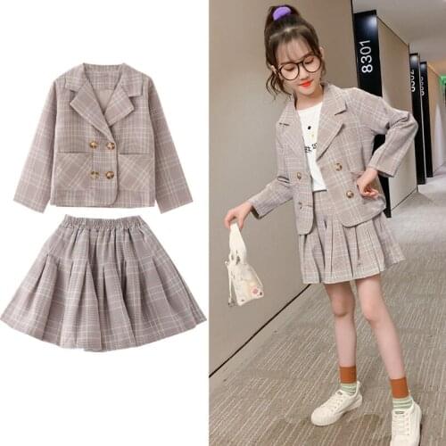New Spring Girls Clothing Sets 2020 High Quality Plaid Double-breasted Blazer Coat+Skirt 2pc Party Suit Toddler Outfits 4-13Yrs