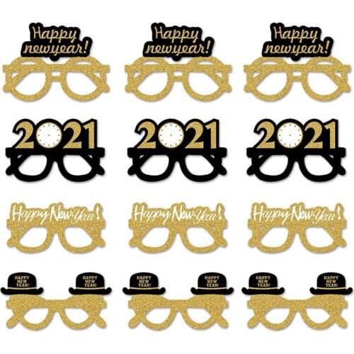 New Year Party Glasses, Glitter Gold Paper Eyeglasses Frame for Kids Adults Party Supplies New Year Party Decors