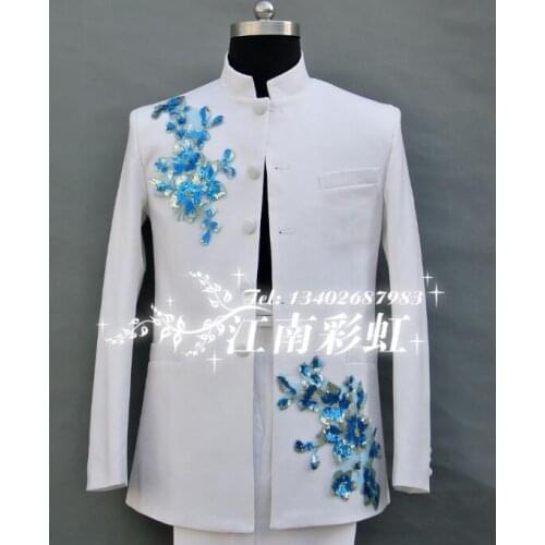Singer star style stage clothing for men Chinese tunic suit set with pants mens wedding suits costume man formal dress white