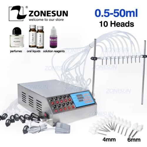 ZONESUN Semi-automatic Liquid Filling Machine Digital Control Pump 50ml Perfume Vial Oral Water Packing Machine With 10 Heads