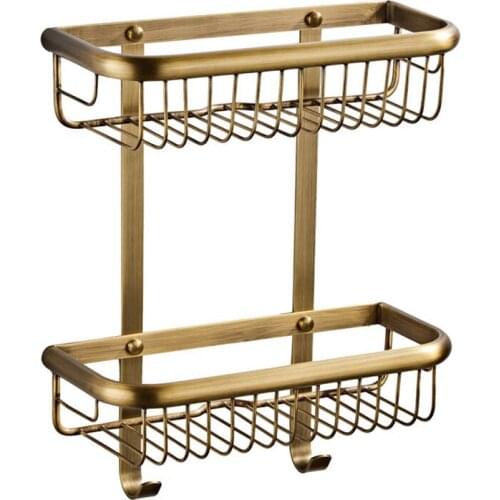 Rectangular European Style Bathroom Shelf Wall-Mounted 30cm Double Layer Hook Rack Brass Antique/Black/Gold/Silver