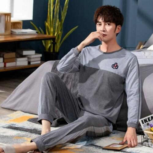 New Promotion Sleepwear For Men Casual Breathable Men Pajama Sleep Shirt Boys Long Sleeve Cotton Round Neck Nightwear