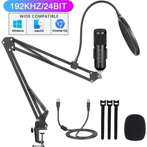 USB Microphone Kit 192KHZ/24BIT Professional Podcast Condenser Mic For Gaming Computer PC YouTube With Adjustable Boom Arm Stand
