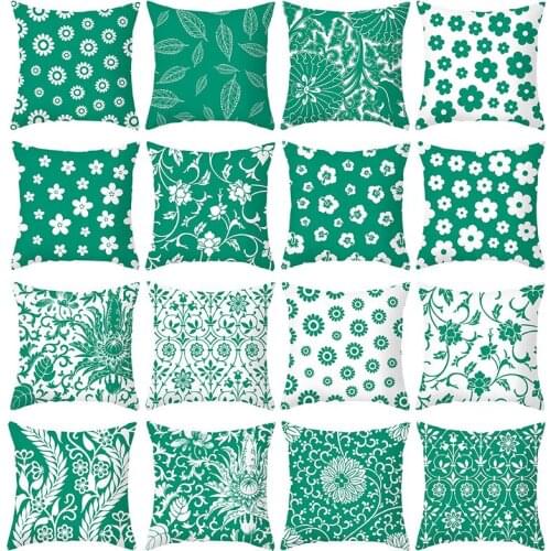Green Hand Painted Flowers Polyester Print Decorative Pillowcase Sofa Cushions Nordic Style Cushion Cover Living Room Home Decor