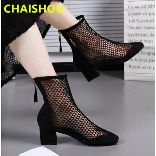 CHAISHOU Summer New Women Sandals 2019 Fashion Boots Baotou Sexy Mesh Openwork Thick Heel Pumps krasovki Famela B-474