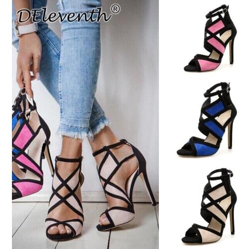 Women Sandal Buckle Strap Fashion Shoes Peep Toe Flock 11CM Thin High heels sandalias mujer 2020 women shoes size 35-42 blue