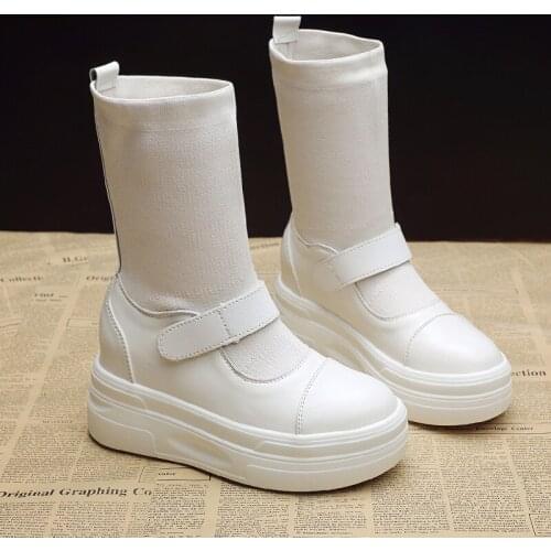 Womens Mid Calf Boots 2021 Winter New Women Stretch Fabrics Wedges Platform Boots Ladies Velcro Height Increasing Sock Boots