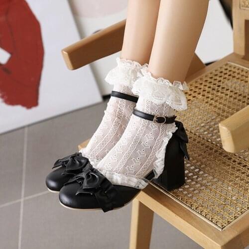 US4-13 Womens Lolita Round Toe Bowknot Lace Kawaii Cosplay Shoes Sandals Mid Heel Plus Size 34-48 Mary Janes New 2021