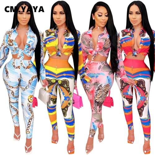 CM.YAYA Activewear Women Set National Print Vintage Crop Top Pants Set Street Tracksuit Fitness Two Piece Set Night Outfit