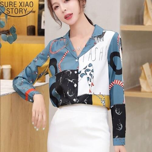 2021 ladies tops chiffon blouse shirts Womens tops and blouses long sleeve button Office Lady blusas V-Neck printing 5995 50