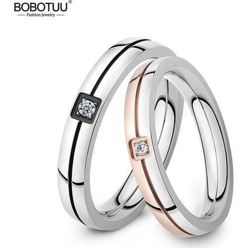 BOBOTUU New Cubic Zirconia Ring Stainless Steel Shinning Crystal Couple Ring Forever Love For Romantic Wedding Rings BR19102
