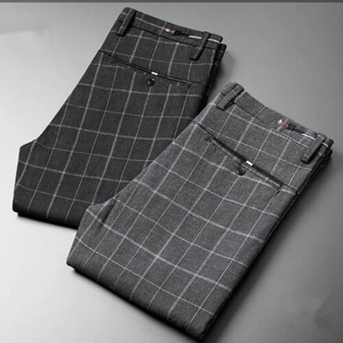 ICPANS 2020 Summer Plaid Dress Pants Men Smart Slim Fit Stretch Business Formal Trousers Men Black Grey