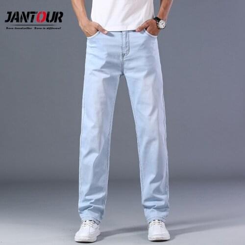 Jantour Plus Size 40 42 44 Mens Light Blue Thin Jeans 2020 Summer New Loose Straight Advanced Stretch Denim Pants Male Brand