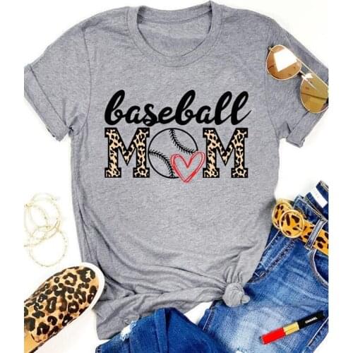 Baseball Mom Heart Leopard Printed T-Shirt Funny Women Graphic Sports Tee Shirt Top Casual Summer Short Sleeve Game Day Tshirt