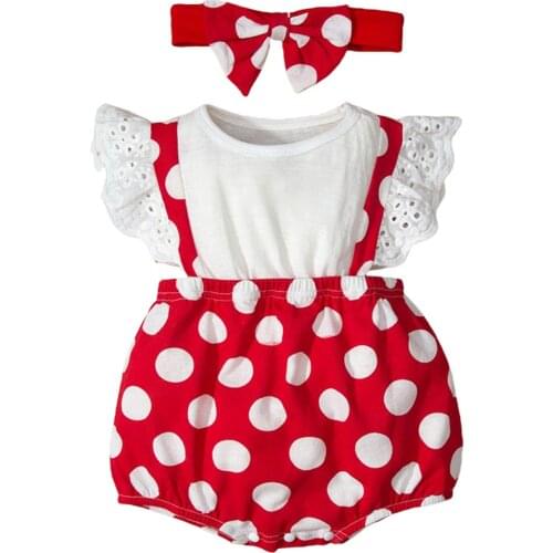 Newborn Flying Sleeves Romper + Bow Headband, Polka Dot Print Pattern with Lace Decoration Summer Clothing