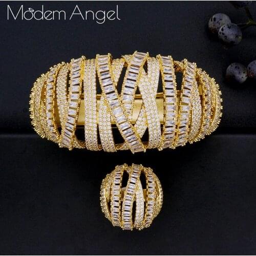ModemAngel Luxury Line Gold Colors Wide Bangle Ring Set Two Layers Copper Rhinestones Jewelry Sets Women Bridal Wedding Bijoux