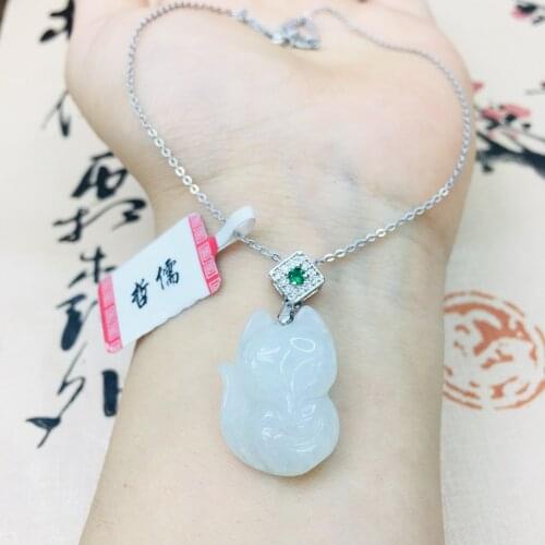 Natural Burmese Ajadeite carved small fox pendant with 925 sterling silver necklace Elegant ladies clavicle chain
