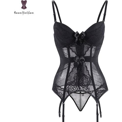Wholesale Cheapest Sexi Corset Lingerie Lace Transparent Padded Cup Bustier Lingeries Top Suspender Belt Straps Underwear Korse