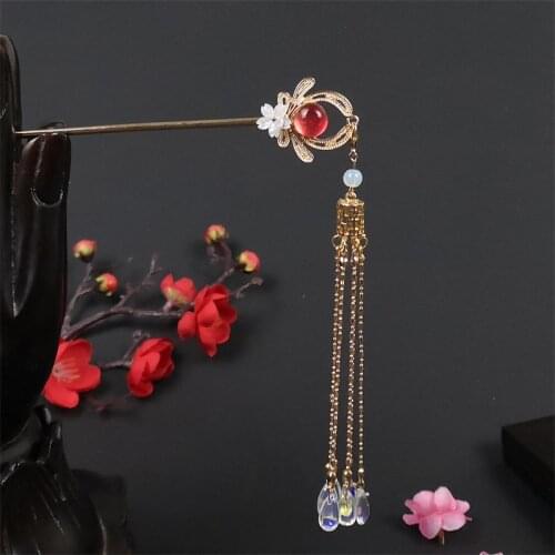 Antiquity Pearl Hair Stick Imitation Jade Flower Hairpin Tassel Step Shake Headdress Hanfu Handwork Hair Accessories