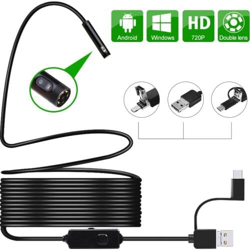 8.0mm USB Endoscope Dual Lens 720P HD Industrial Borescope 3-in-1 6 Leds Flexible Camera 2MP High-Definition for Android PC